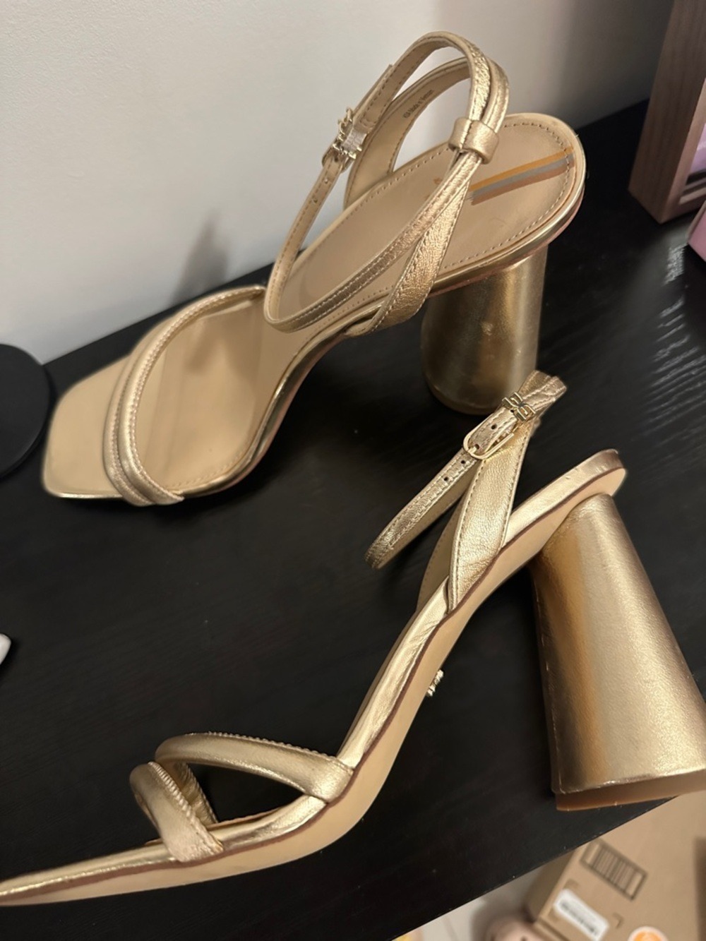 Sam Edelman Kia Metallic Gold Leaf Leather Ankle-Strap Block Heel Sandals - Picture 11 of 14